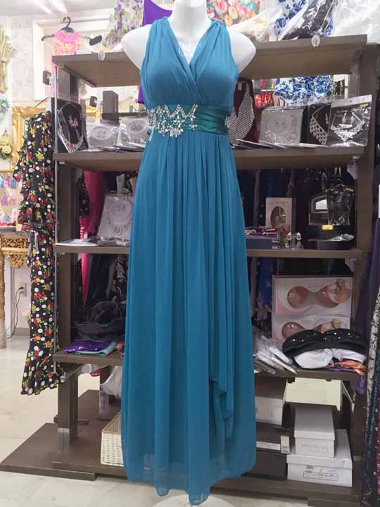 20150914　3292　ブルーグリーン地　ドレープとビジュー飾りの女神風ロングドレス　Ｆサイズ
