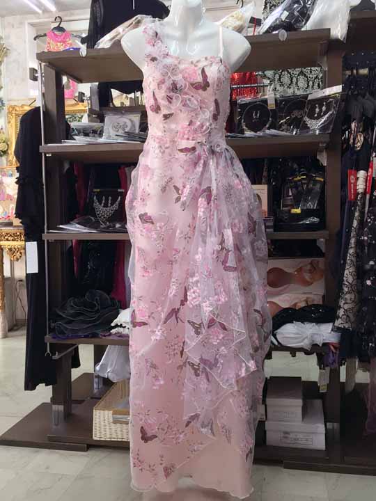 20151020　4469　ピンク地　フラワープリント重ねのフラワーフリルロングドレス　Ｍサイズ