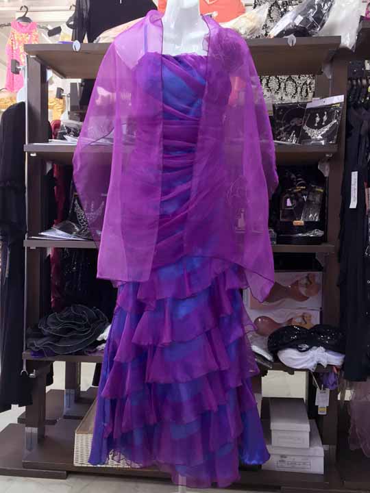 20151026　8196　ターコイズブルー地　パープルオーガンジー重ね　フリルデザインロングドレス　専用ショール掛け　Ｌサイズ