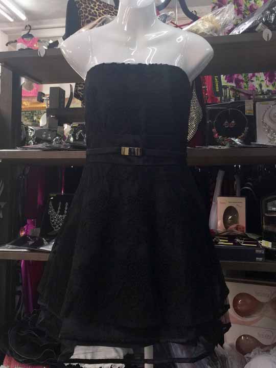 20160521　K9107　ブラック地　ブラックサテンライン入りフラワー刺繍チュールのベアトップドレス　ＬＬサイズ