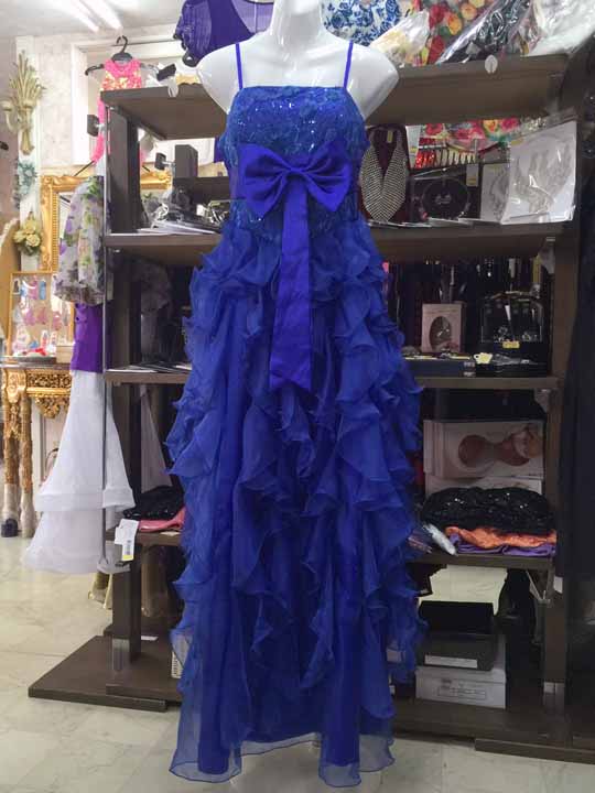20160604　5420　ロイヤルブルー地　華モチーフのフロントリボンフリルスカートドレス　Ｍサイズ