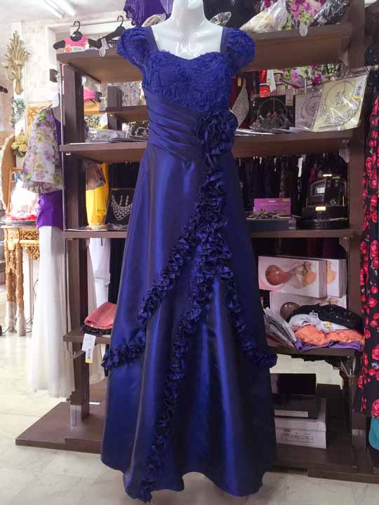 20160829　2051　ロイヤルブルー地　胸元フラワーモチーフフリルとフラワーラインスカートのロングドレス　Ｍサイズ