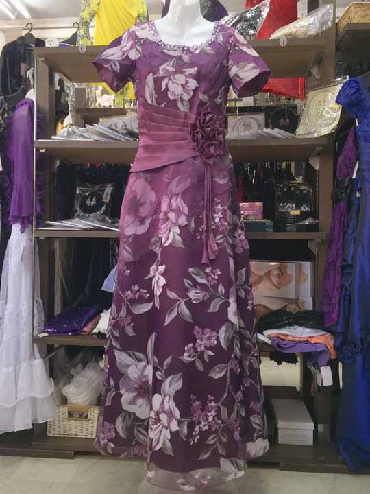 20170215　4579　パープル地　フラワープリントオーガンジー重ねのフリルフラワーデザイン半袖ドレス　Ｌサイズ