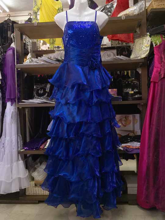 20170215　8344　ブルー地　スパンコールとティアードフリルのゴージャスドレス　Ｍサイズ