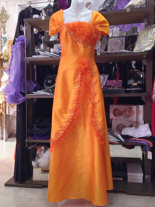 20170323　8887　オレンジ地　花柄刺繍とメッシュフリルの肩袖付きドレス　Ｌサイズ
