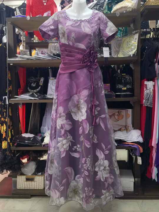 20170407 4579 パープル地　ストーン＆パール付きフラワープリントオーガンジー重ねフリルフラワーデザインドレス　Ｌサイズ　全身