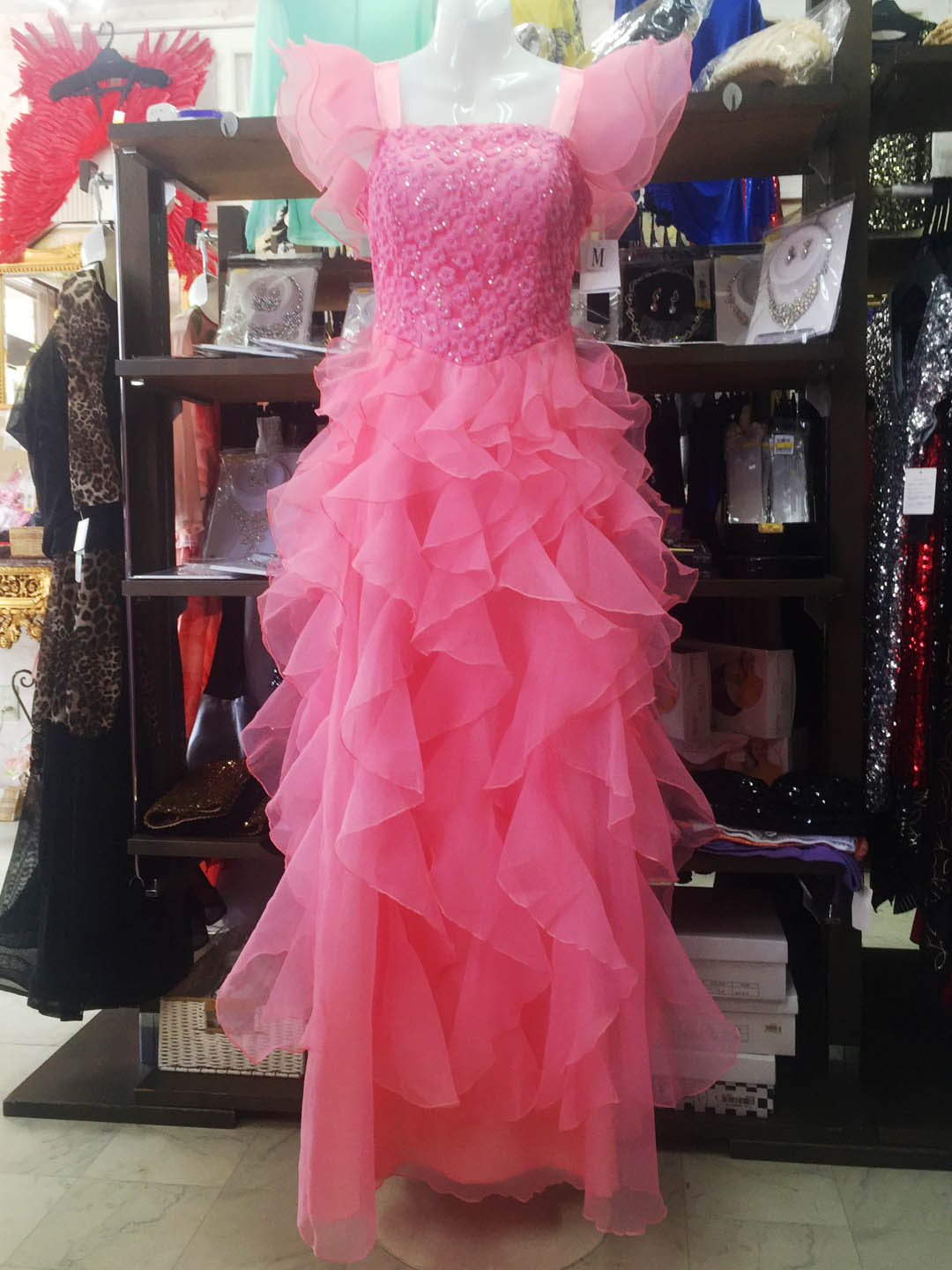 20180501 0067 ピンク地　レース刺繍オーガンジーフリルデザインロングドレス　Ｍサイズ